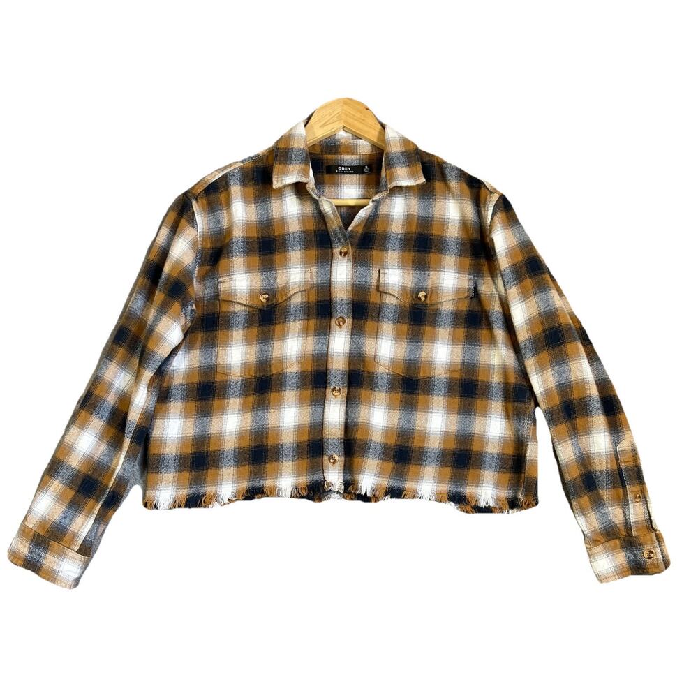 OBEY WORLDWIDE Flannel Shirt Women's Small Tan Blue Cropped Raw Hem Grunge Punk